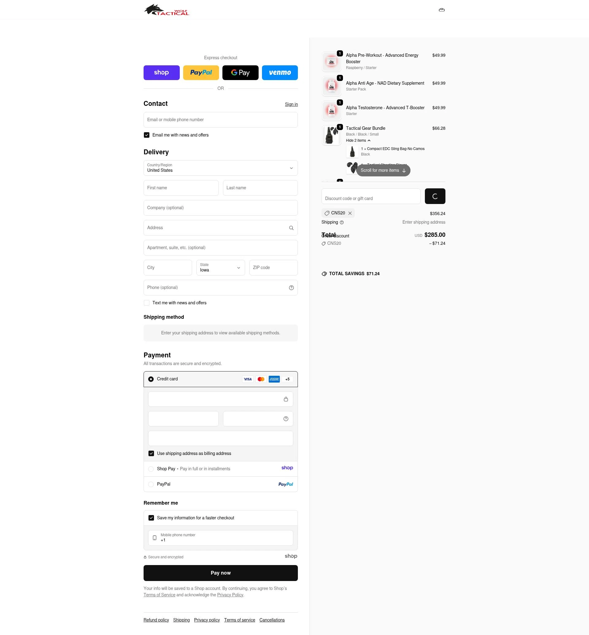 Wolf Tactical checkout page showing Wolf Tactical discount code box | Screenshot taken by SimplyCodes community member on Dec 28, 2025