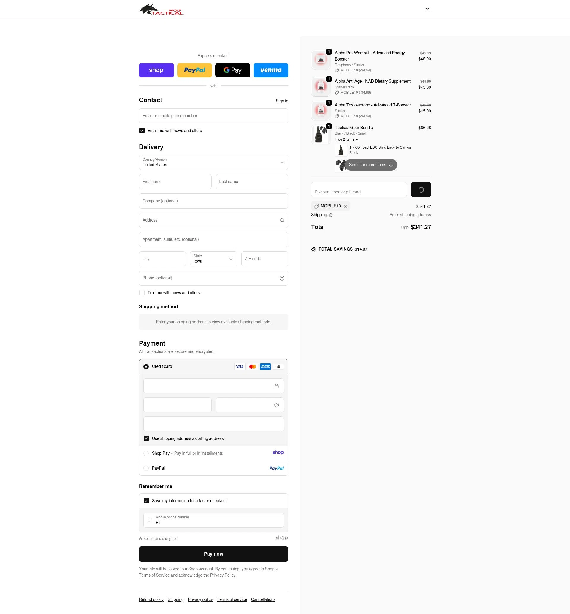 Wolf Tactical checkout page showing Wolf Tactical discount code box | Screenshot taken by SimplyCodes community member on Dec 28, 2025