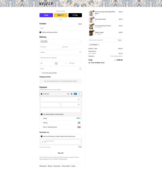 Wolven checkout page showing Wolven discount code box | Screenshot taken by SimplyCodes community member on Sep 14, 2025