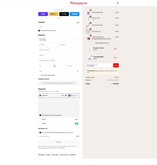 Womaness checkout page showing Womaness discount code box | Screenshot taken by SimplyCodes community member on Sep 1, 2025