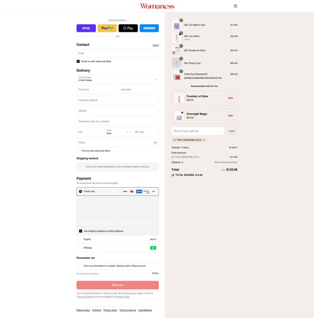 Womaness checkout page showing Womaness discount code box | Screenshot taken by SimplyCodes community member on Sep 1, 2025
