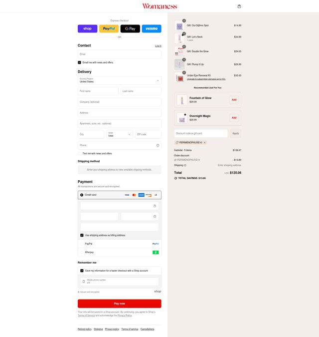 Womaness checkout page showing Womaness discount code box | Screenshot taken by SimplyCodes community member on Sep 1, 2025