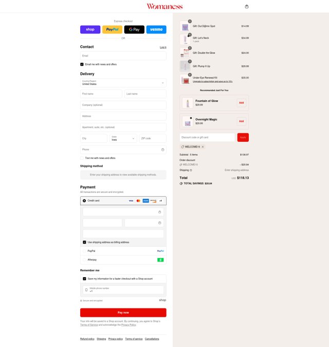 Womaness checkout page showing Womaness discount code box | Screenshot taken by SimplyCodes community member on Sep 1, 2025