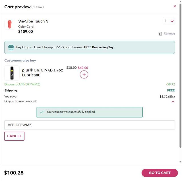 Womanizer checkout page showing Womanizer coupon code box | Screenshot taken by SimplyCodes community member on Aug 31, 2025