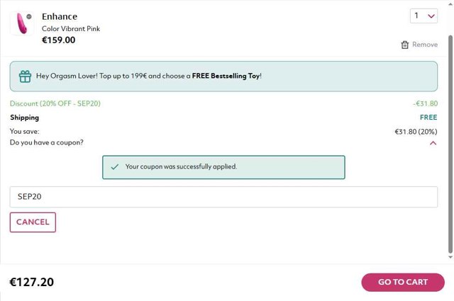 Womanizer checkout page showing Womanizer coupon code box | Screenshot taken by SimplyCodes community member on Sep 3, 2025