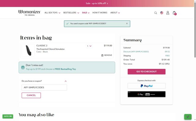 Womanizer checkout page showing Womanizer coupon code box | Screenshot taken by SimplyCodes community member on Sep 3, 2025