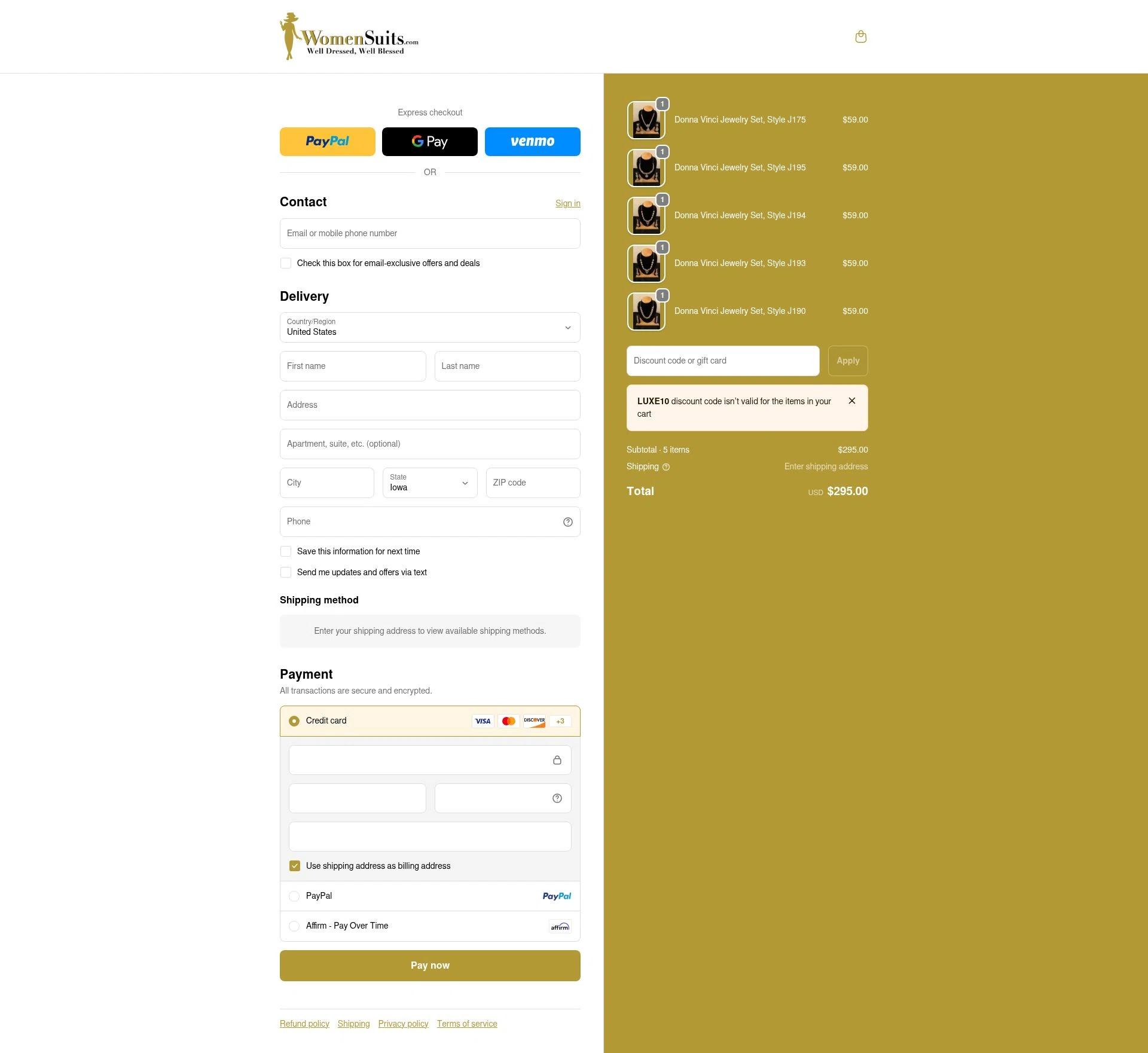 Womensuits.com checkout page showing Womensuits.com promo code box | Screenshot taken by SimplyCodes community member on Dec 29, 2025