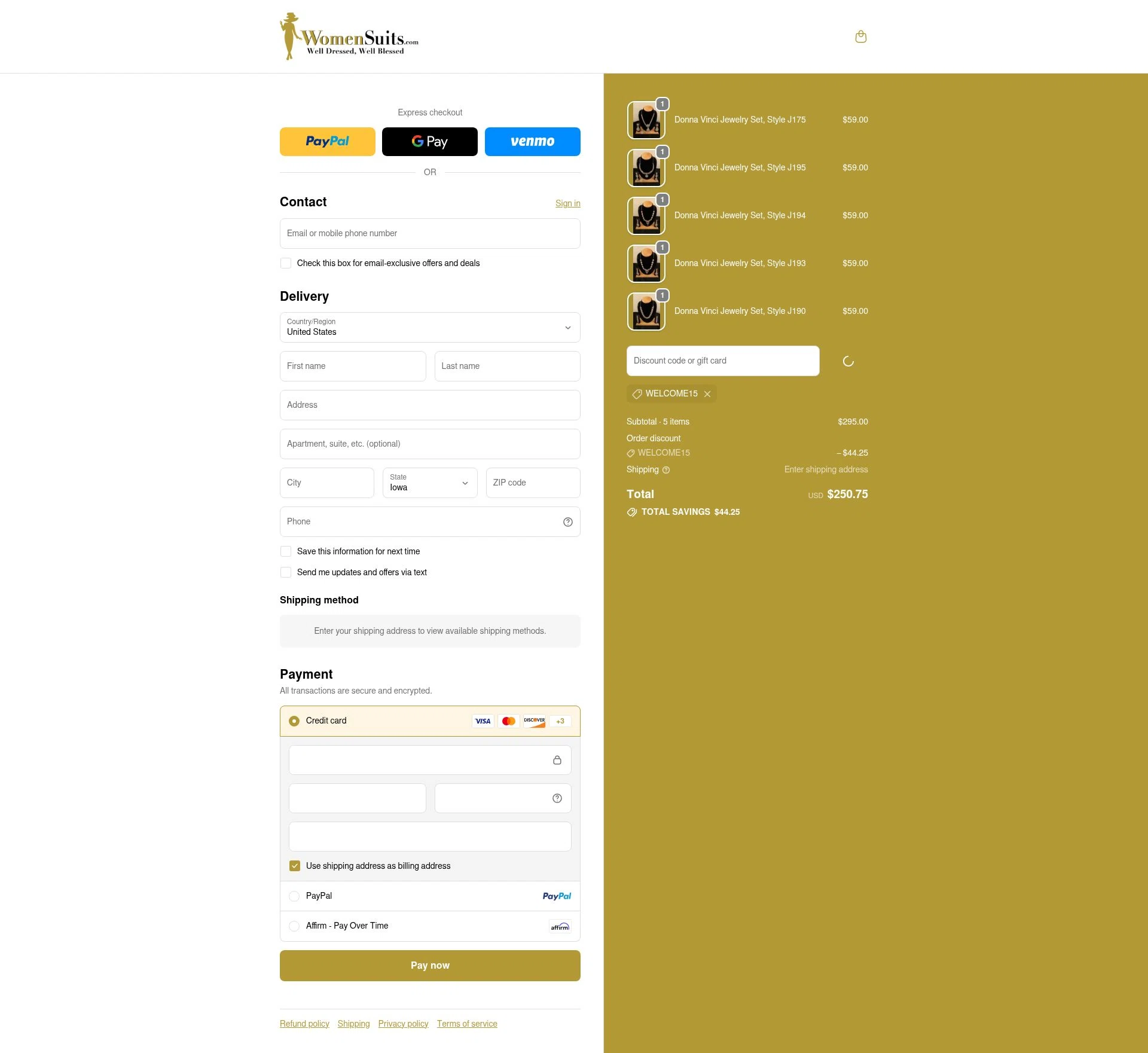 Womensuits.com checkout page showing Womensuits.com promo code box | Screenshot taken by SimplyCodes community member on Dec 29, 2025