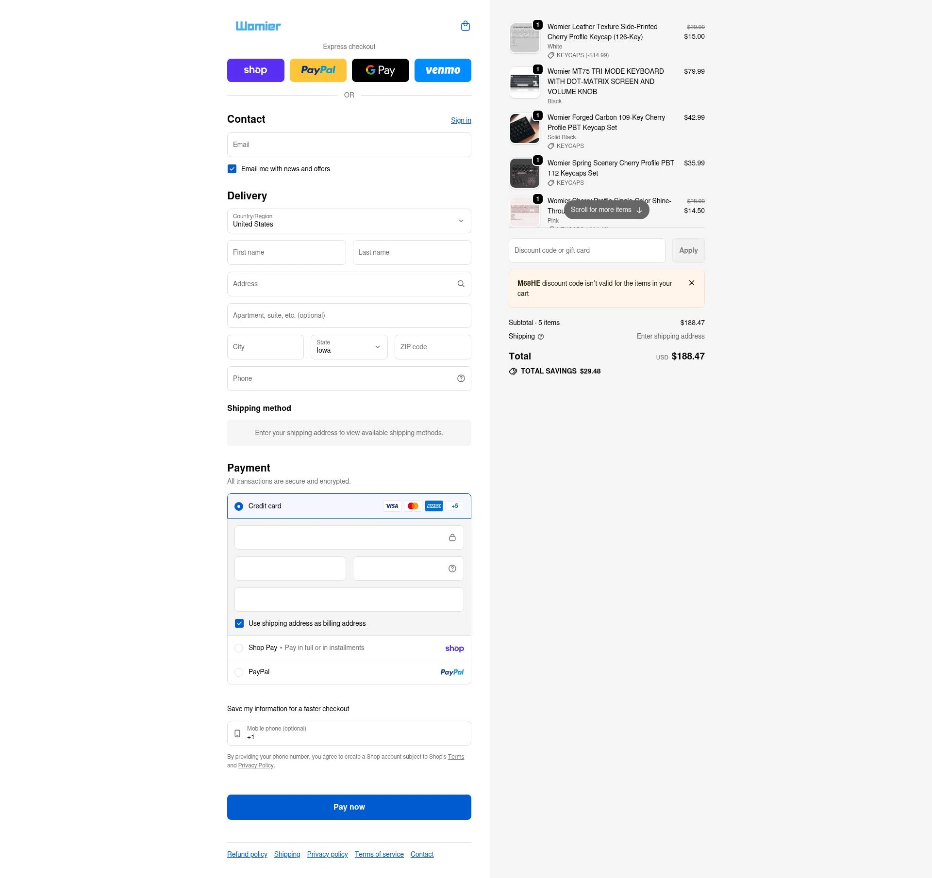 Womier checkout page showing Womier discount code box | Screenshot taken by SimplyCodes community member on Feb 13, 2026