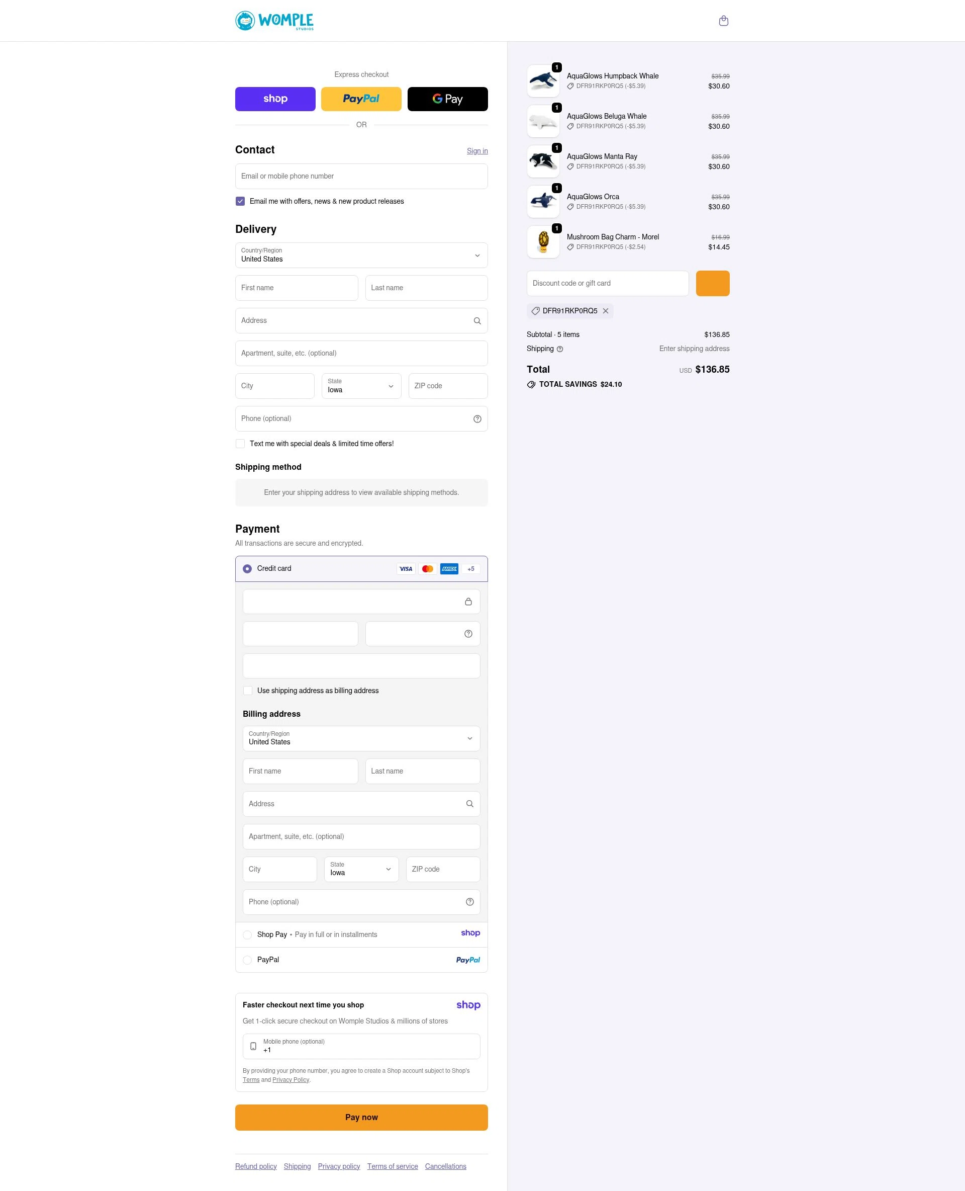 Womple Studios checkout page showing Womple Studios promo code box | Screenshot taken by SimplyCodes community member on Jan 10, 2026