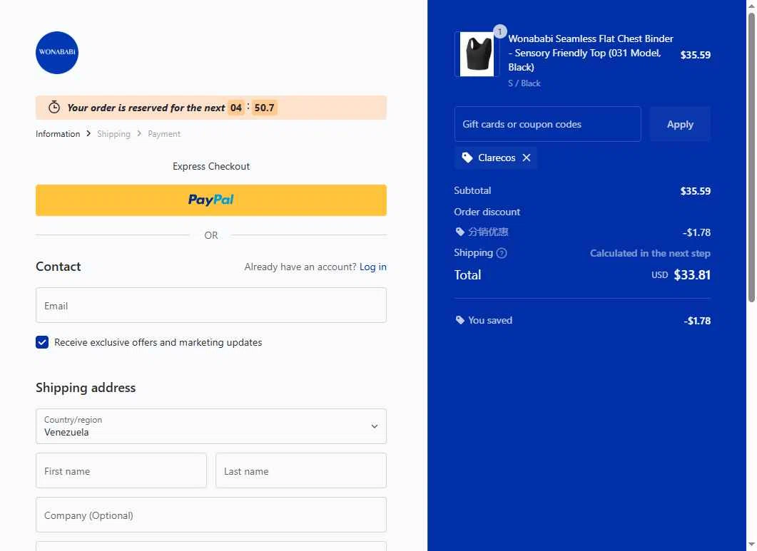 Wonababi checkout page showing Wonababi promo code box | Screenshot taken by SimplyCodes community member on Feb 9, 2026