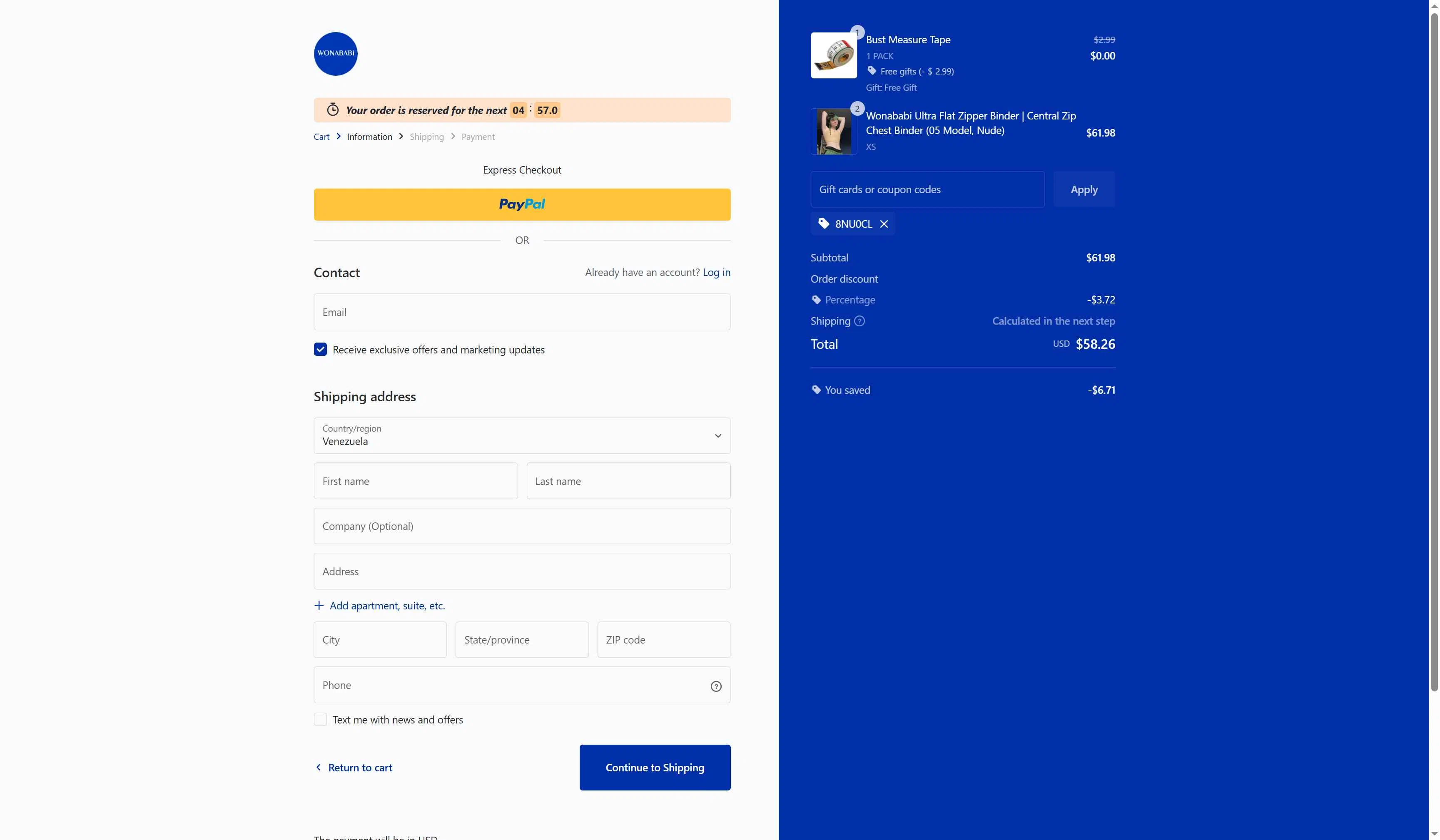 Wonababi checkout page showing Wonababi promo code box | Screenshot taken by SimplyCodes community member on Feb 14, 2026