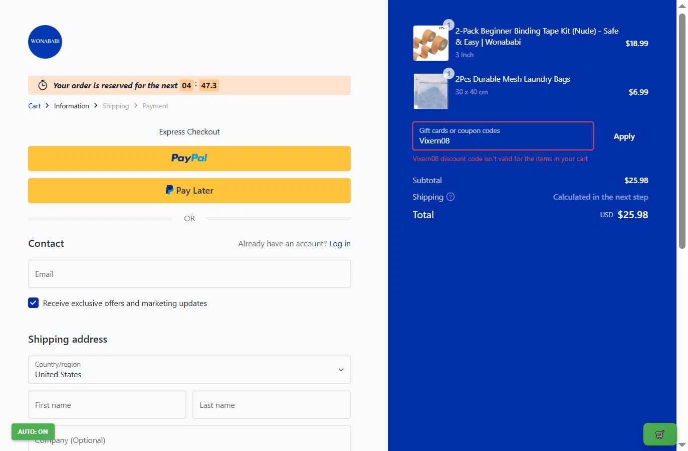 Wonababi checkout page showing Wonababi promo code box | Screenshot taken by SimplyCodes community member on Feb 9, 2026