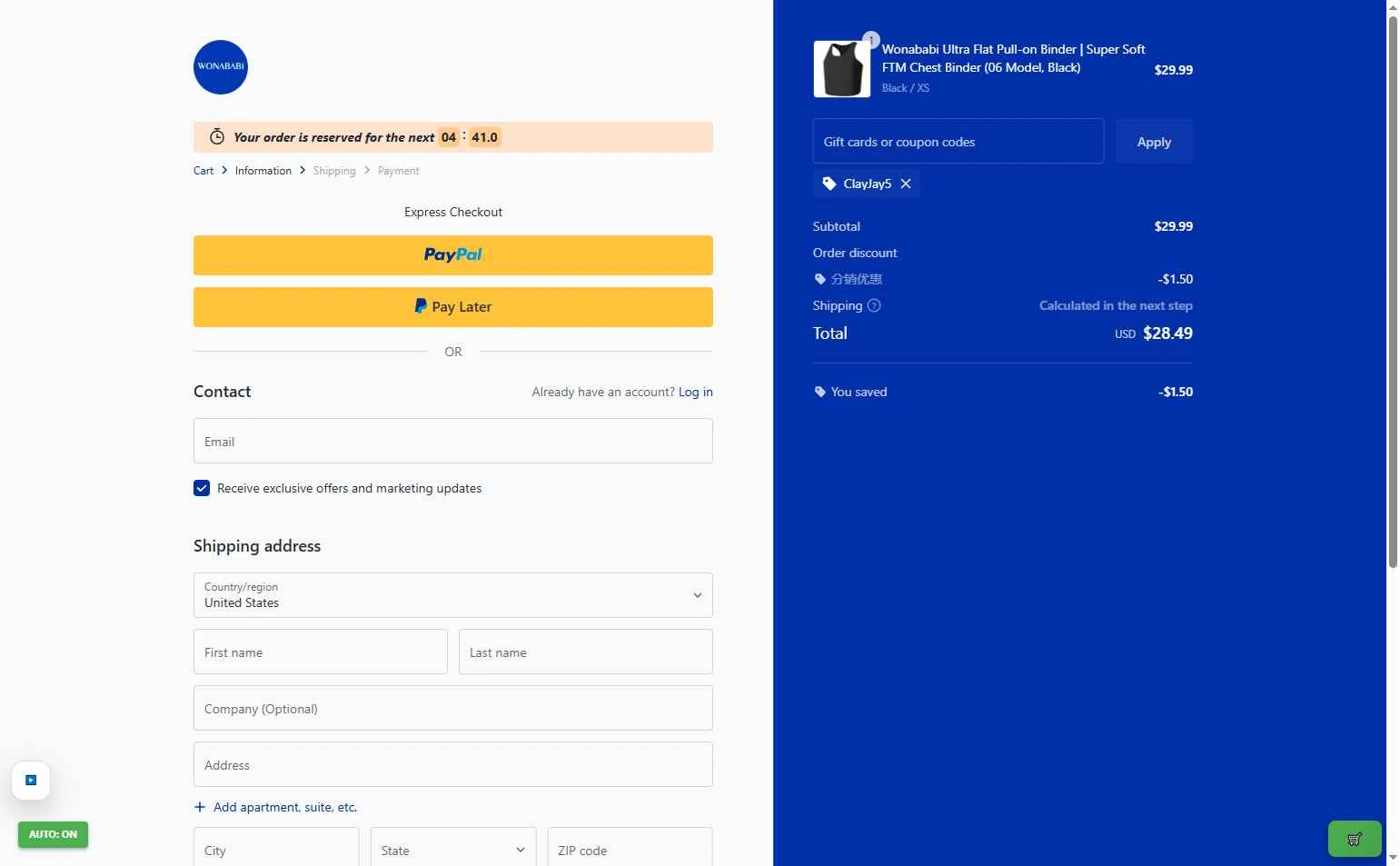 Wonababi checkout page showing Wonababi promo code box | Screenshot taken by SimplyCodes community member on Feb 9, 2026
