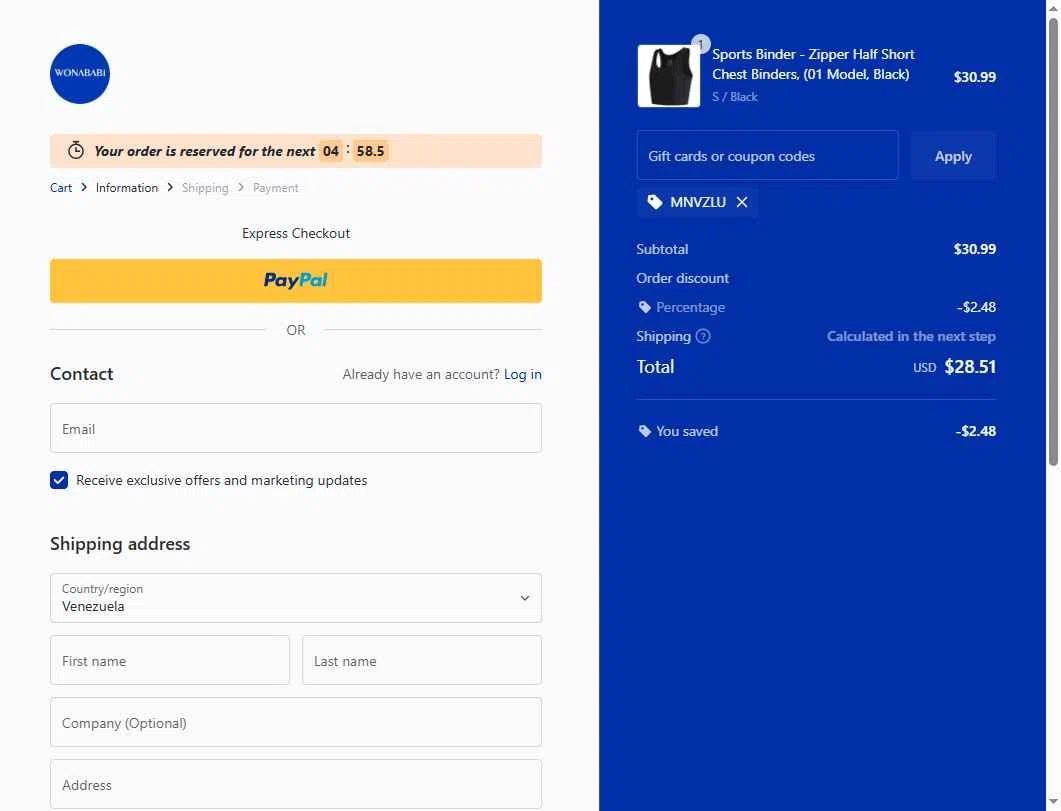 Wonababi checkout page showing Wonababi promo code box | Screenshot taken by SimplyCodes community member on Feb 5, 2026