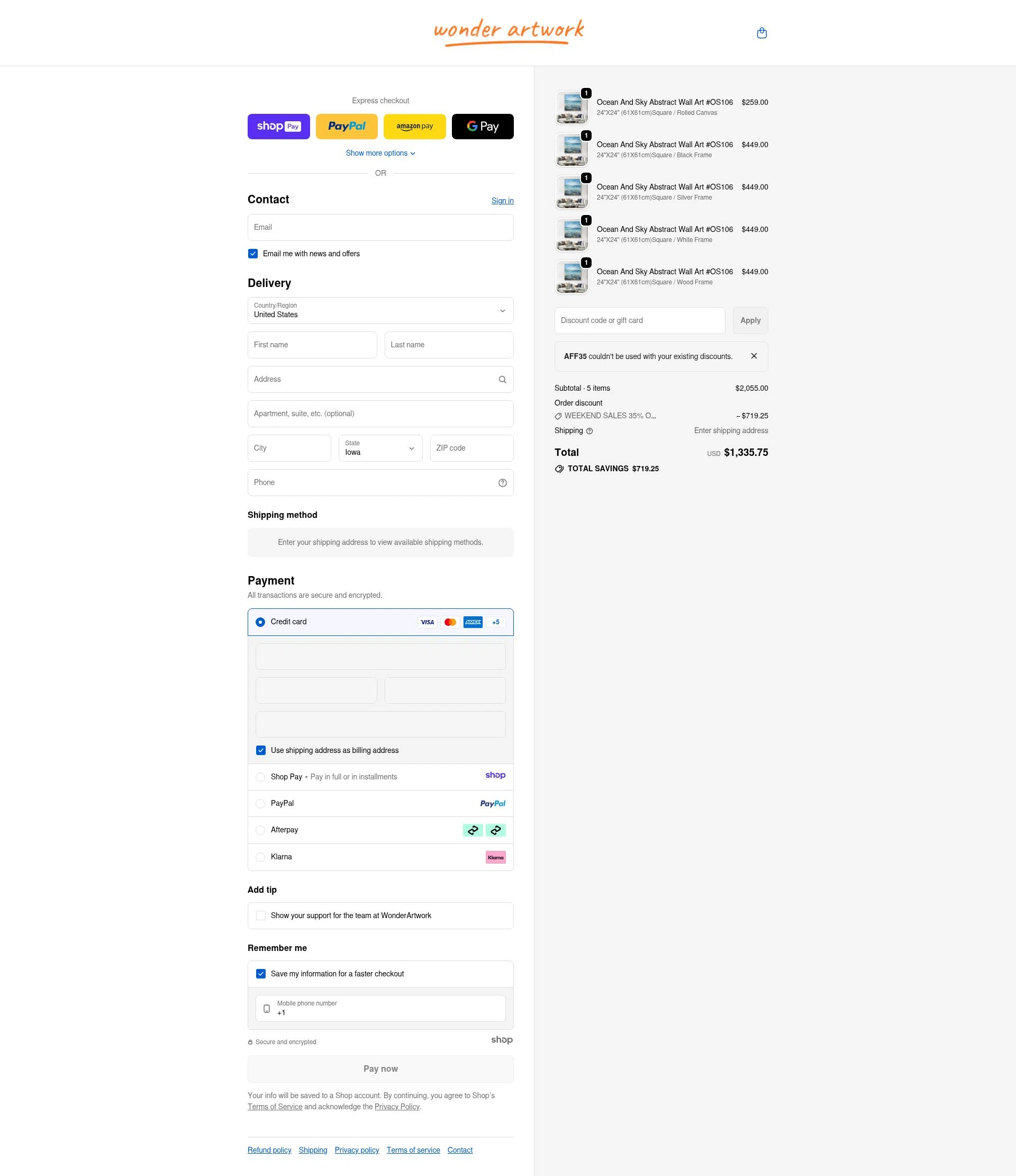 Wonder Artwork checkout page showing Wonder Artwork promo code box | Screenshot taken by SimplyCodes community member on Jan 10, 2026