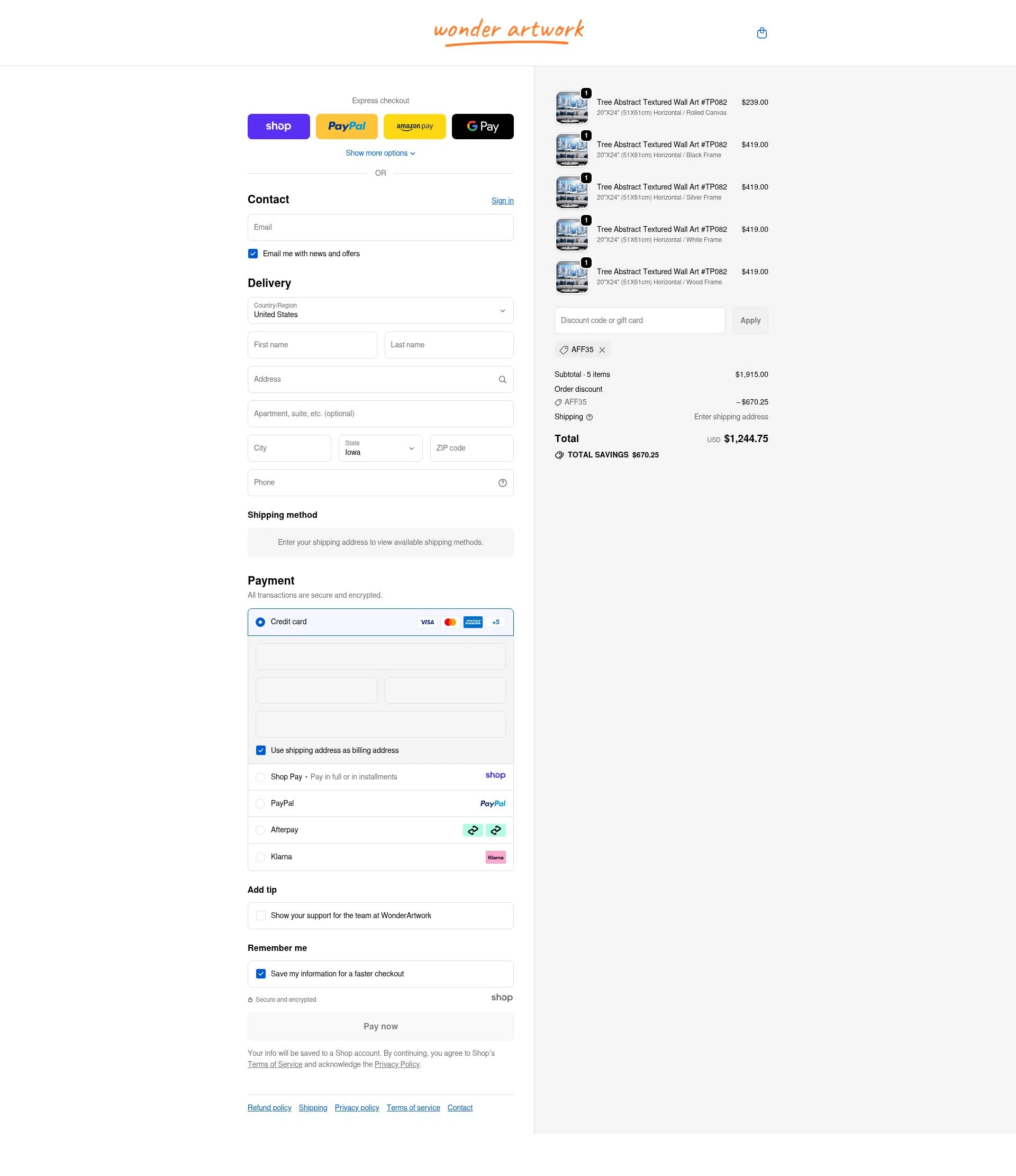 Wonder Artwork checkout page showing Wonder Artwork promo code box | Screenshot taken by SimplyCodes community member on Jan 5, 2026