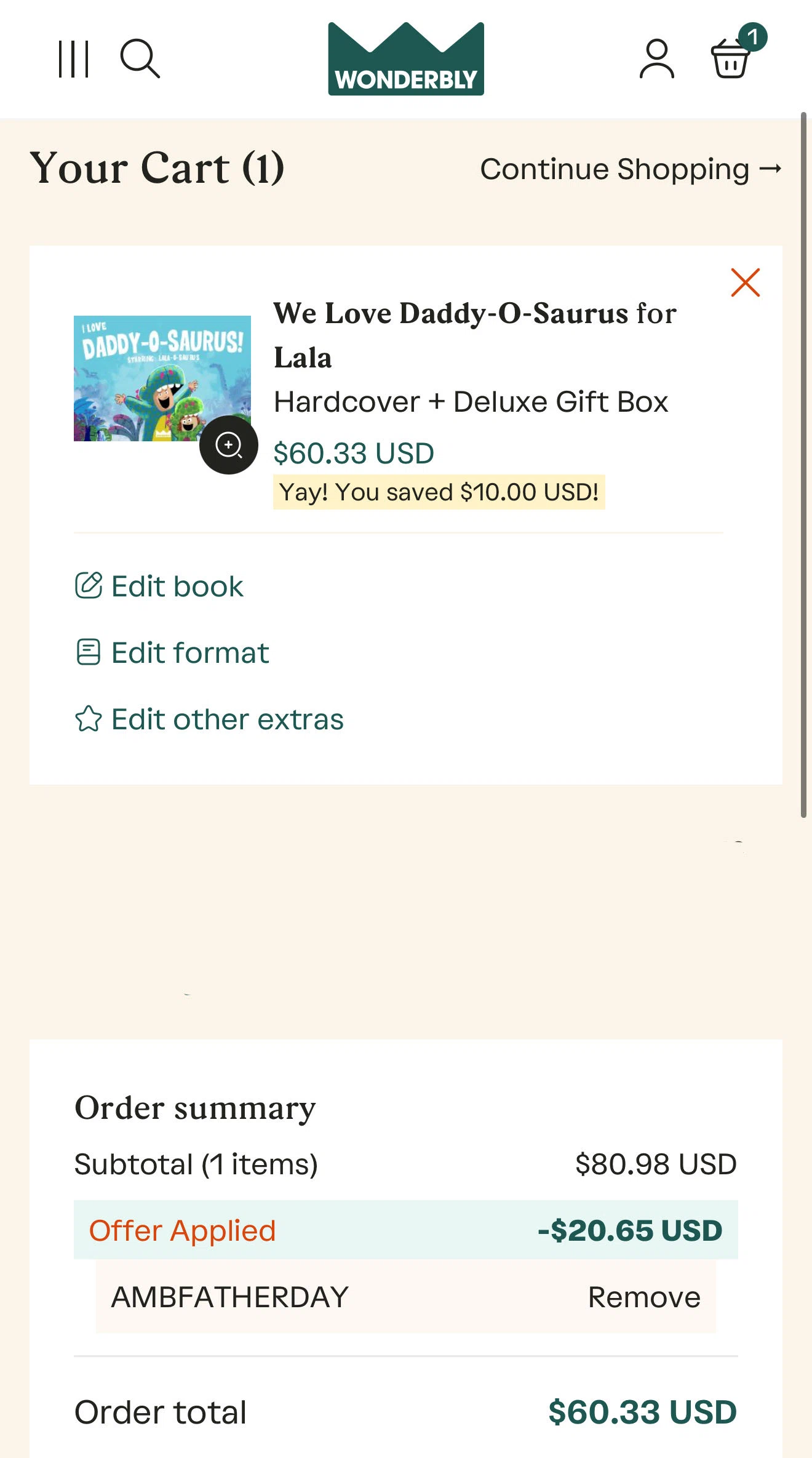 Wonderbly promo code screenshot showing code AMBFATHERDAY applied at Wonderbly checkout page. Uploaded by SimplyCodes community member VictoriousRanger8519 on Jun 13, 2026