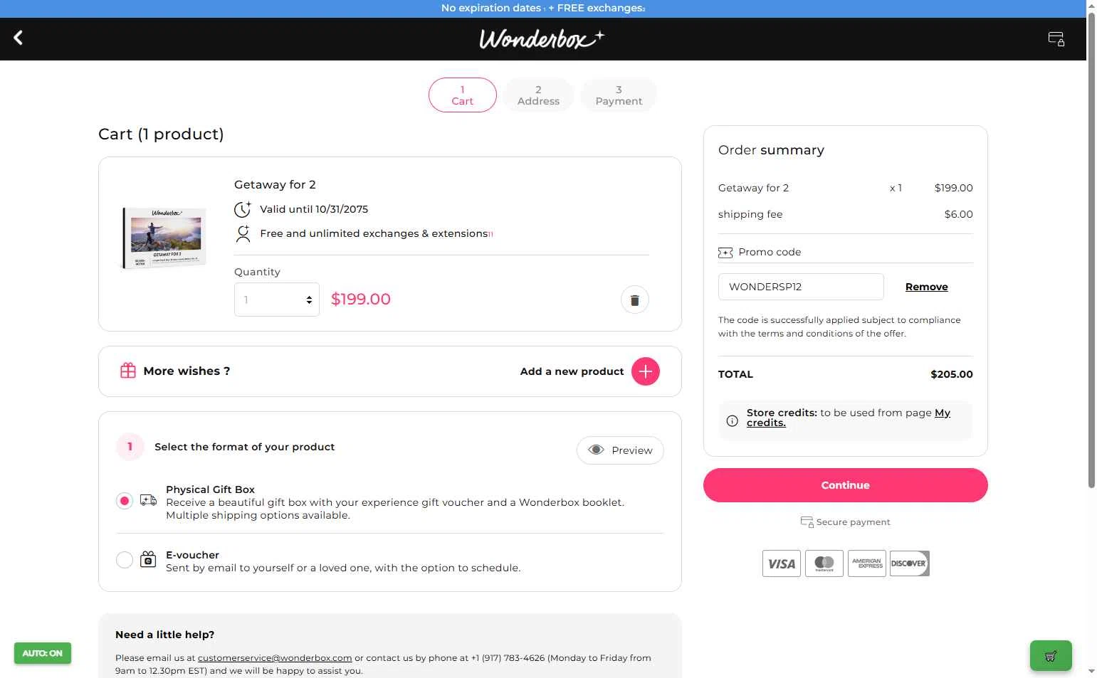 Wonderbox checkout page showing Wonderbox coupon code box | Screenshot taken by SimplyCodes community member on Oct 8, 2025
