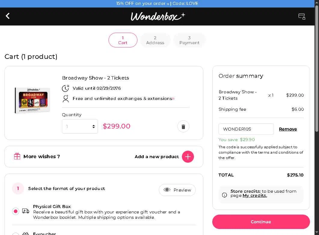 Wonderbox checkout page showing Wonderbox coupon code box | Screenshot taken by SimplyCodes community member on Feb 9, 2026