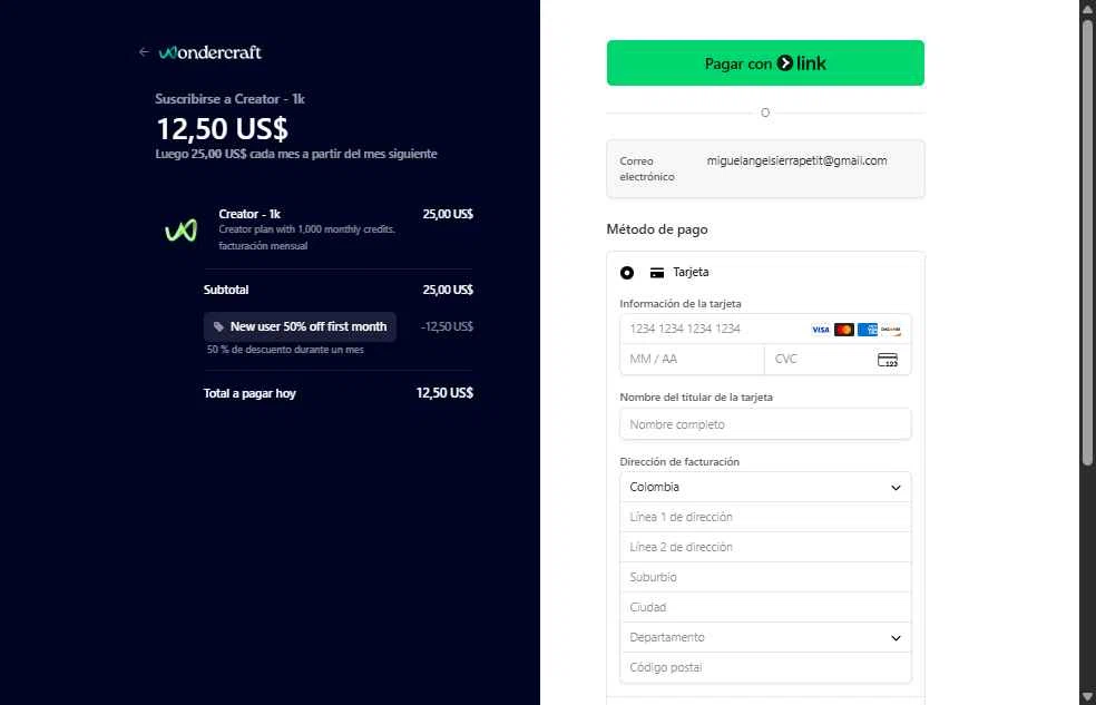 Wondercraft AI checkout page showing Wondercraft AI promo code box | Screenshot taken by SimplyCodes community member on Oct 31, 2025