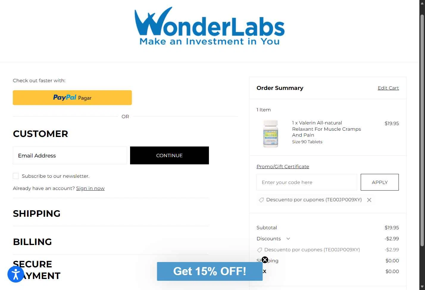 WonderLabs checkout page showing WonderLabs coupon code box | Screenshot taken by SimplyCodes community member on Jan 6, 2026