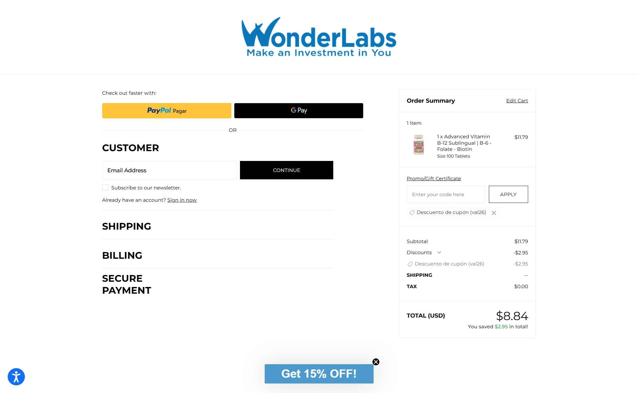 WonderLabs checkout page showing WonderLabs coupon code box | Screenshot taken by SimplyCodes community member on Feb 11, 2026