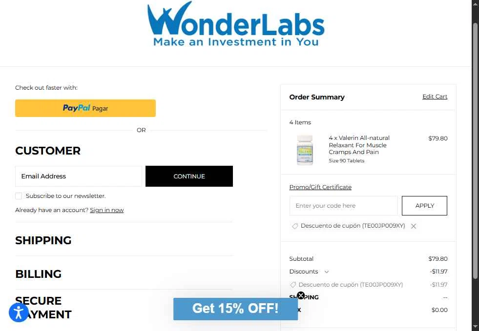 WonderLabs checkout page showing WonderLabs coupon code box | Screenshot taken by SimplyCodes community member on Feb 9, 2026