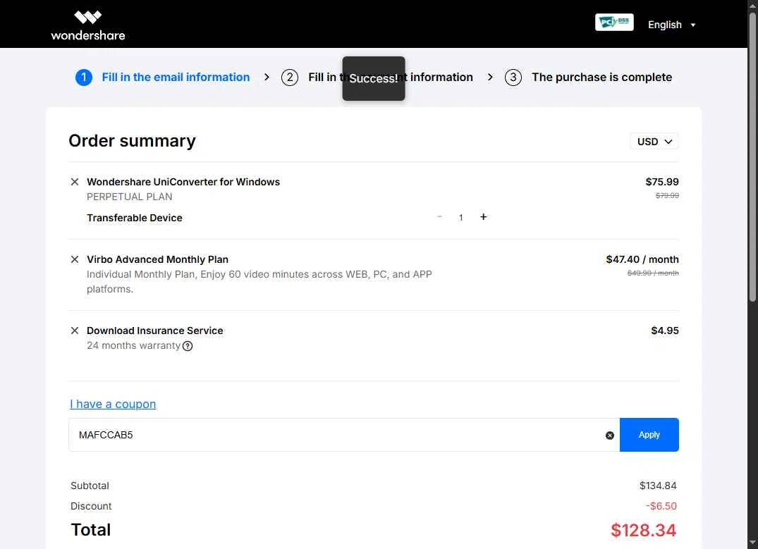 Wondershare Virbo checkout page showing Wondershare Virbo promo code box | Screenshot taken by SimplyCodes community member on May 4, 2025