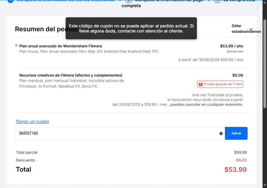 Wondershare Virbo checkout page showing Wondershare Virbo promo code box | Screenshot taken by SimplyCodes community member on Aug 18, 2025