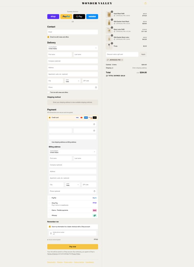 Wonder Valley checkout page showing Wonder Valley discount code box | Screenshot taken by SimplyCodes community member on Sep 8, 2025