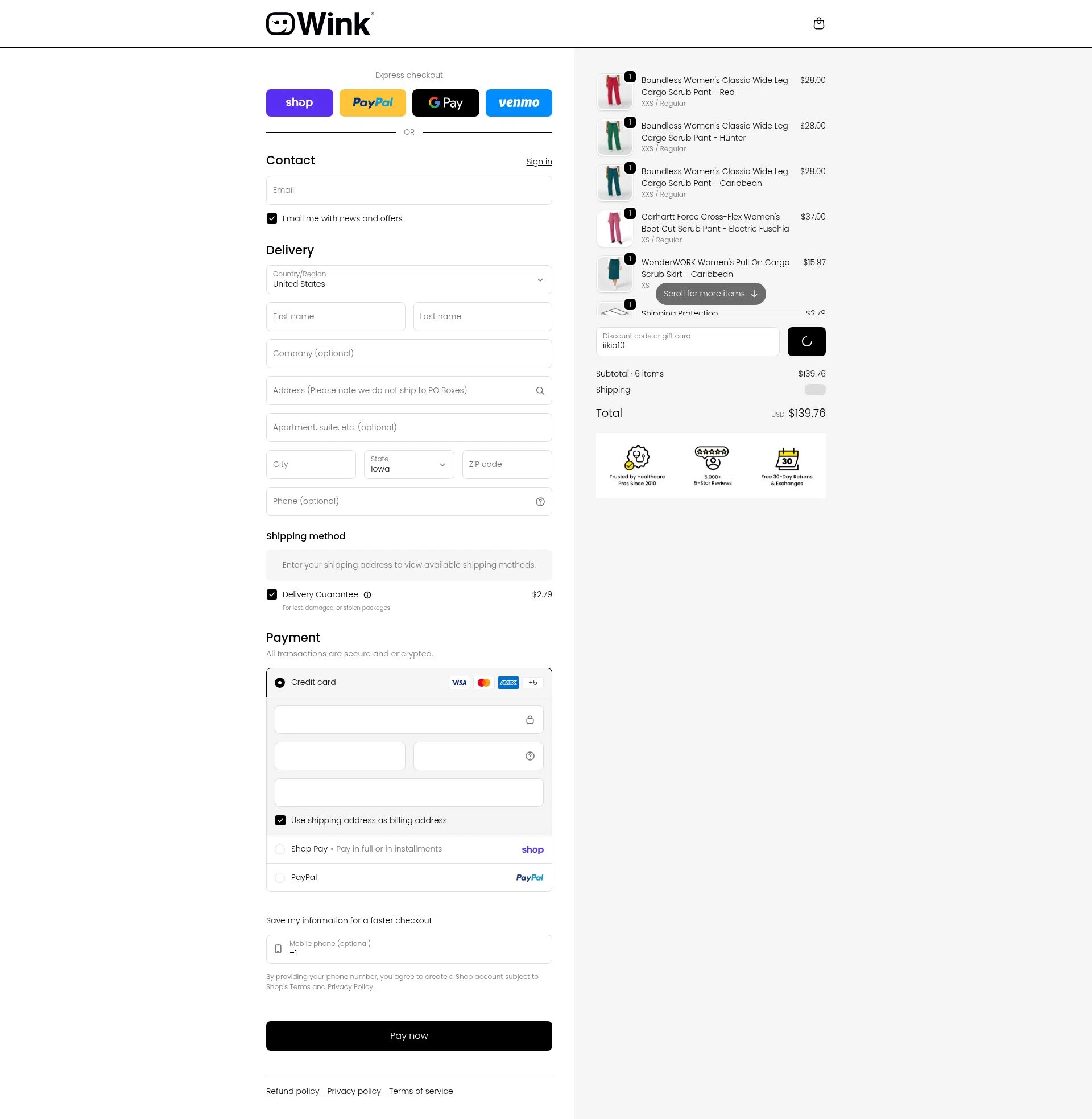 WonderWink checkout page showing WonderWink promo code box | Screenshot taken by SimplyCodes community member on Feb 18, 2026