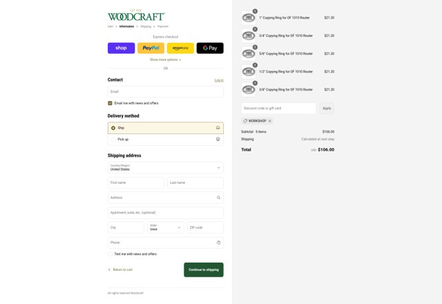 Woodcraft Supply checkout page showing Woodcraft Supply promo code box | Screenshot taken by SimplyCodes community member on Sep 2, 2025