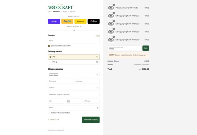 Woodcraft Supply checkout page showing Woodcraft Supply promo code box | Screenshot taken by SimplyCodes community member on Sep 2, 2025