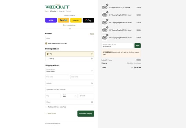 Woodcraft Supply checkout page showing Woodcraft Supply promo code box | Screenshot taken by SimplyCodes community member on Sep 2, 2025