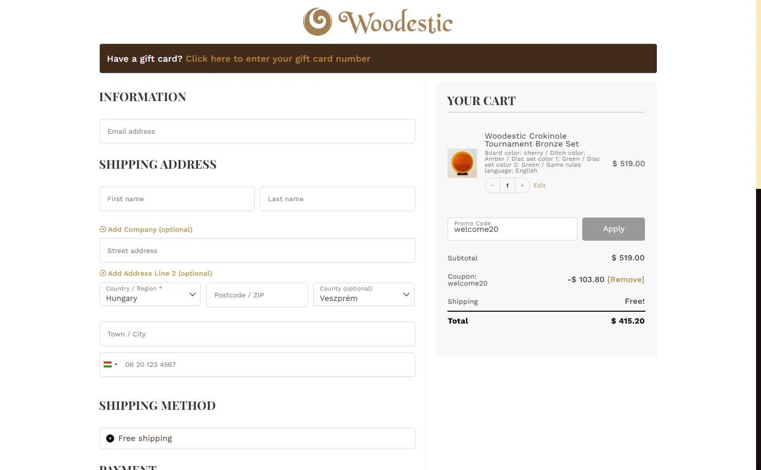 Woodestic checkout page showing Woodestic coupon code box | Screenshot taken by SimplyCodes community member on Oct 28, 2025