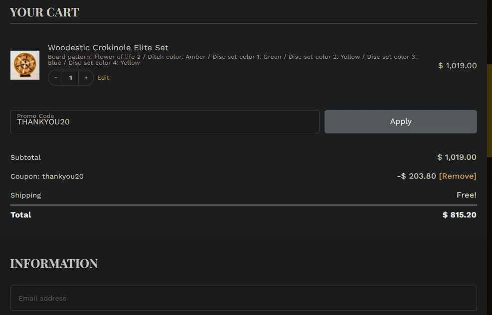 Woodestic checkout page showing Woodestic coupon code box | Screenshot taken by SimplyCodes community member on Sep 19, 2025