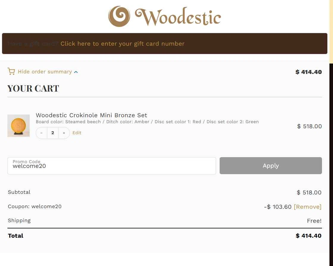 Woodestic checkout page showing Woodestic coupon code box | Screenshot taken by SimplyCodes community member on Jan 3, 2026