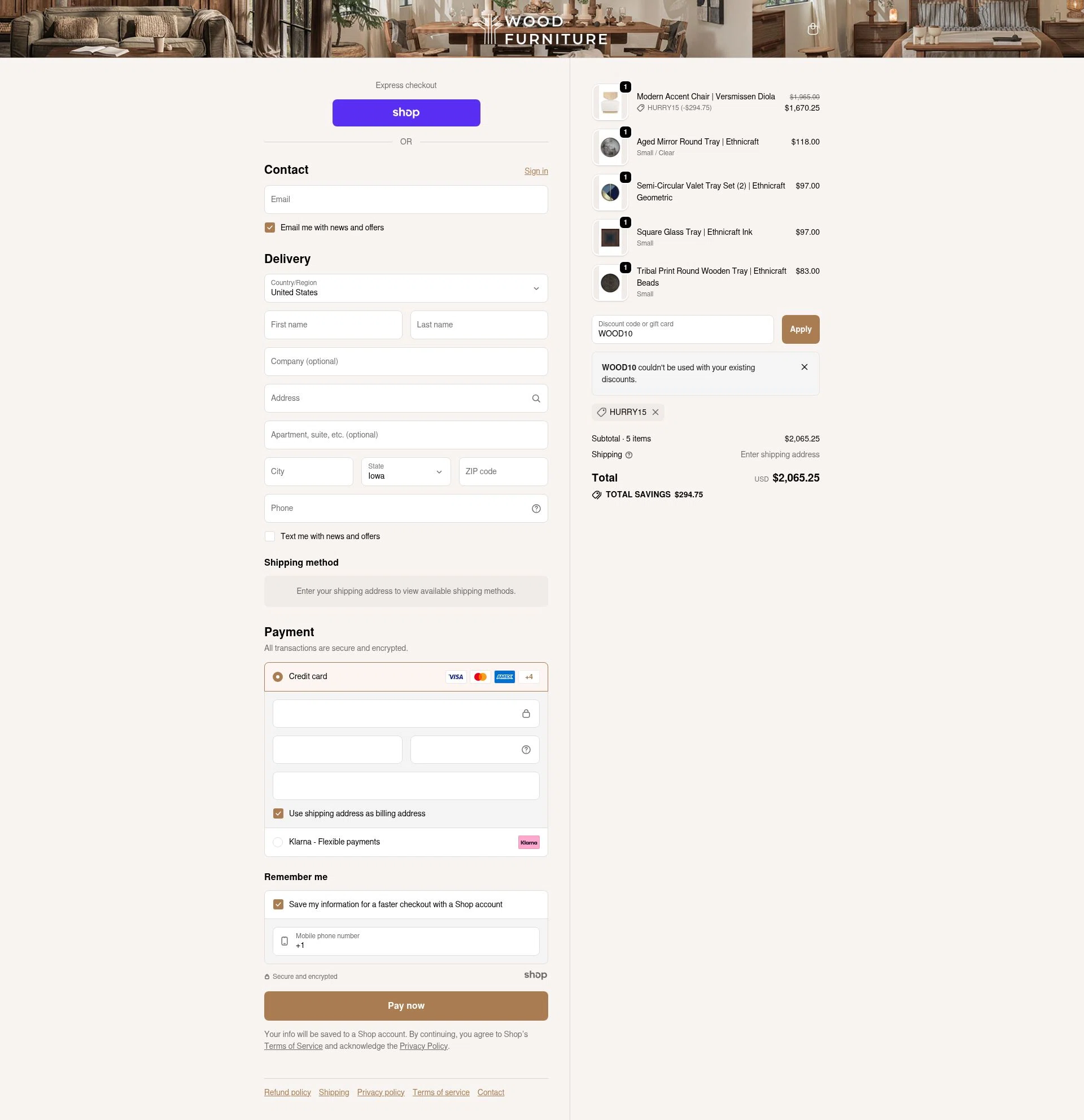 Wood Furniture checkout page showing Wood Furniture discount code box | Screenshot taken by SimplyCodes community member on Oct 27, 2025
