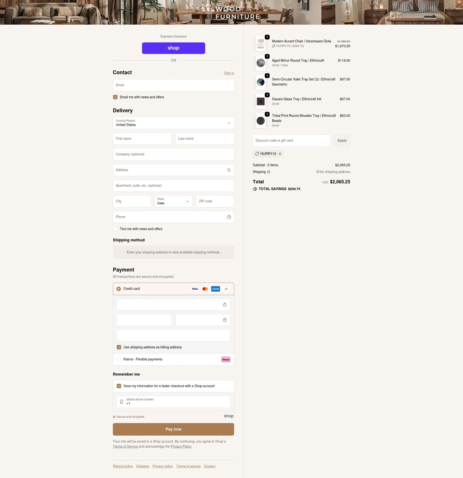 Wood Furniture checkout page showing Wood Furniture discount code box | Screenshot taken by SimplyCodes community member on Oct 27, 2025