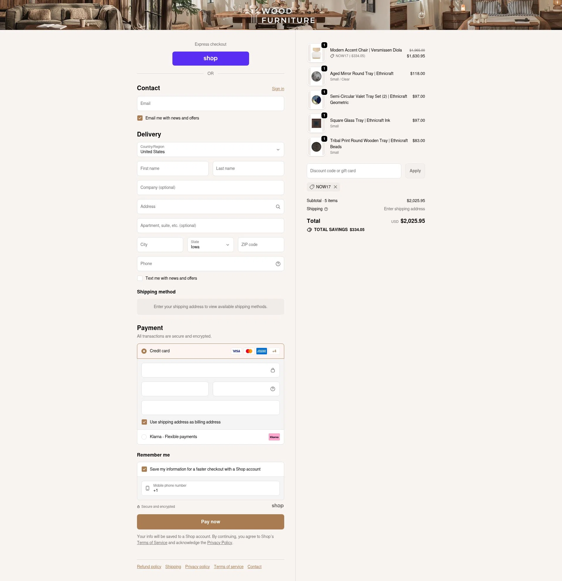 Wood Furniture checkout page showing Wood Furniture discount code box | Screenshot taken by SimplyCodes community member on Oct 23, 2025