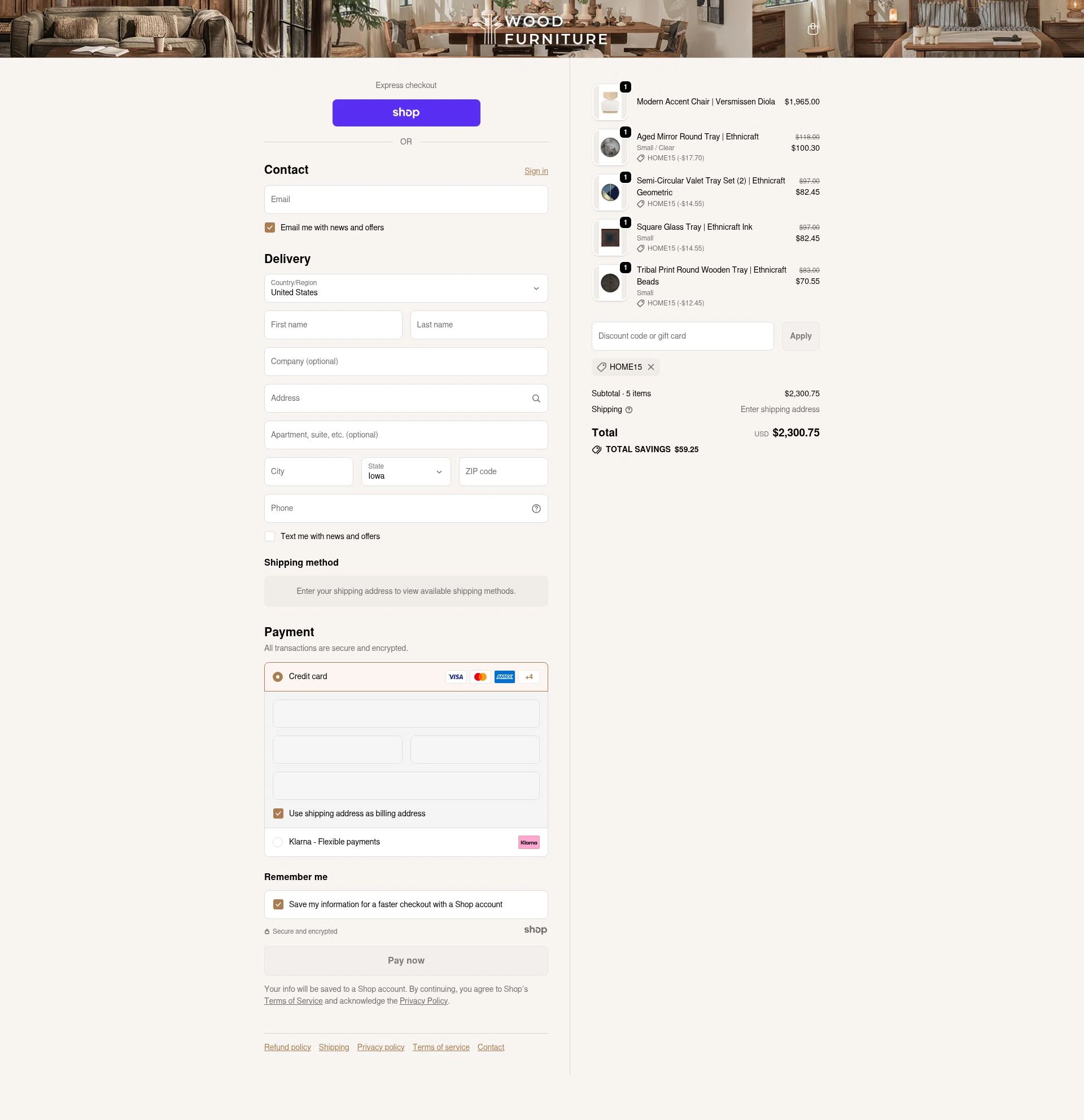 Wood Furniture checkout page showing Wood Furniture discount code box | Screenshot taken by SimplyCodes community member on Oct 27, 2025