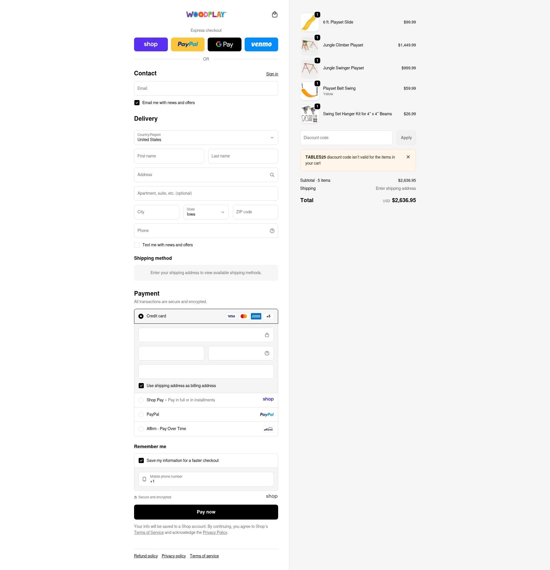 Woodplay Playsets checkout page showing Woodplay Playsets promo code box | Screenshot taken by SimplyCodes community member on Dec 27, 2025