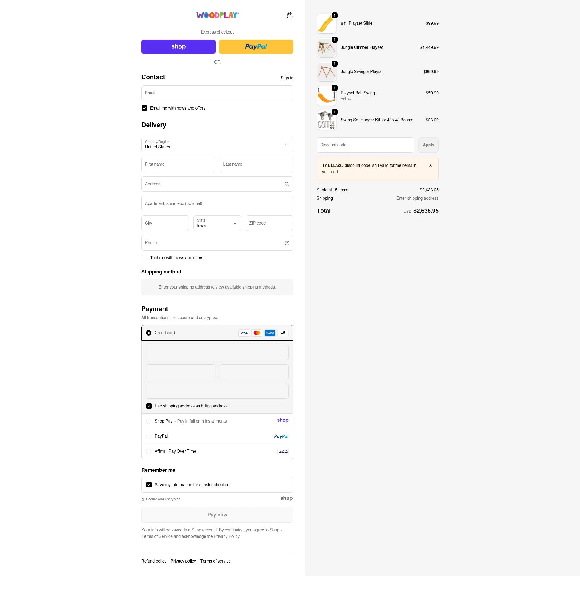 Woodplay Playsets checkout page showing Woodplay Playsets promo code box | Screenshot taken by SimplyCodes community member on Jan 1, 2026
