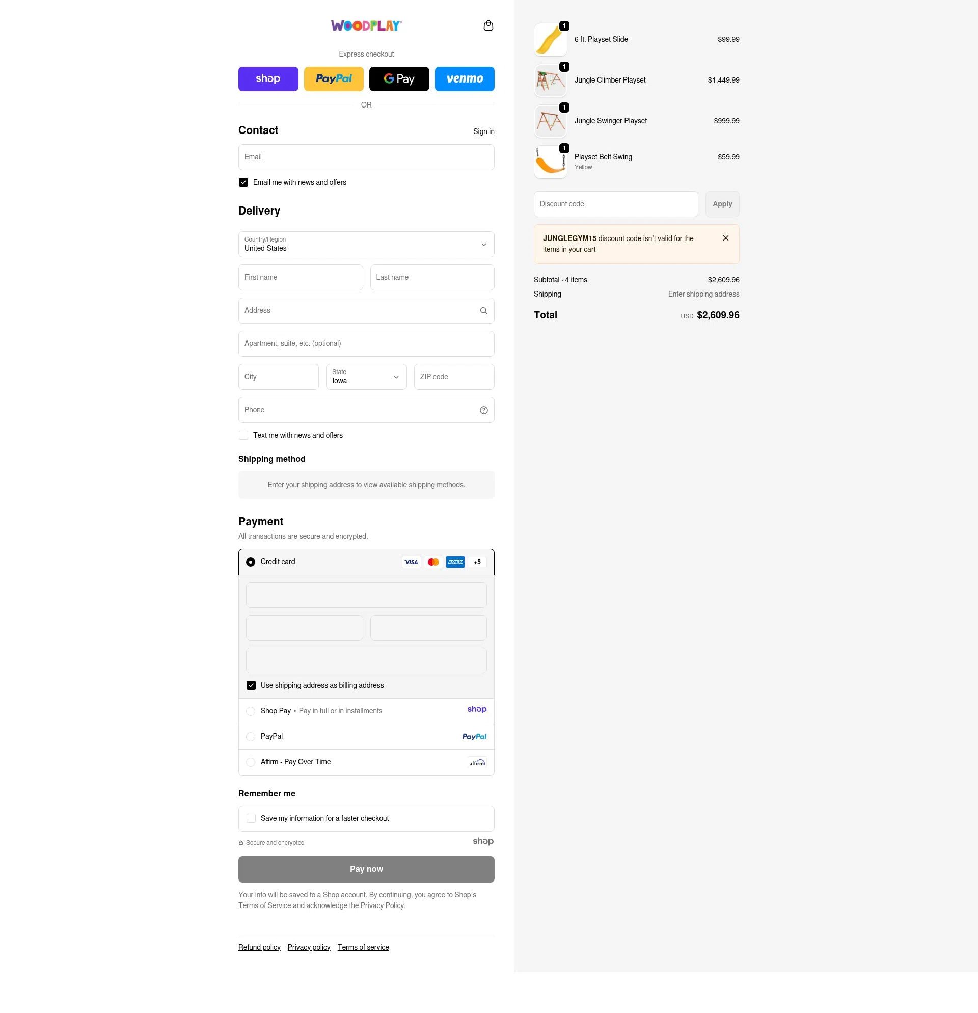 Woodplay Playsets checkout page showing Woodplay Playsets promo code box | Screenshot taken by SimplyCodes community member on Jan 6, 2026