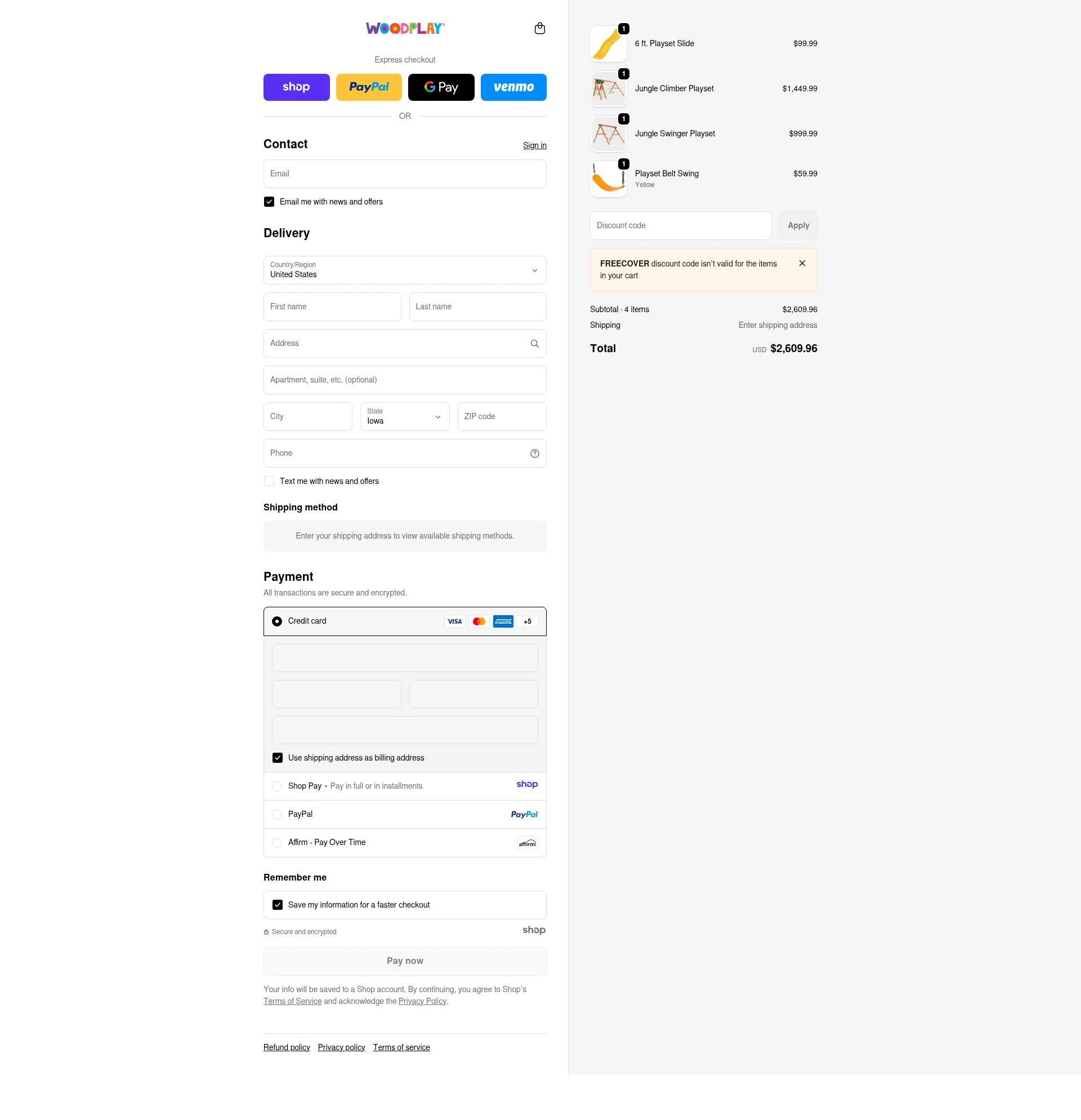 Woodplay Playsets checkout page showing Woodplay Playsets promo code box | Screenshot taken by SimplyCodes community member on Jan 6, 2026
