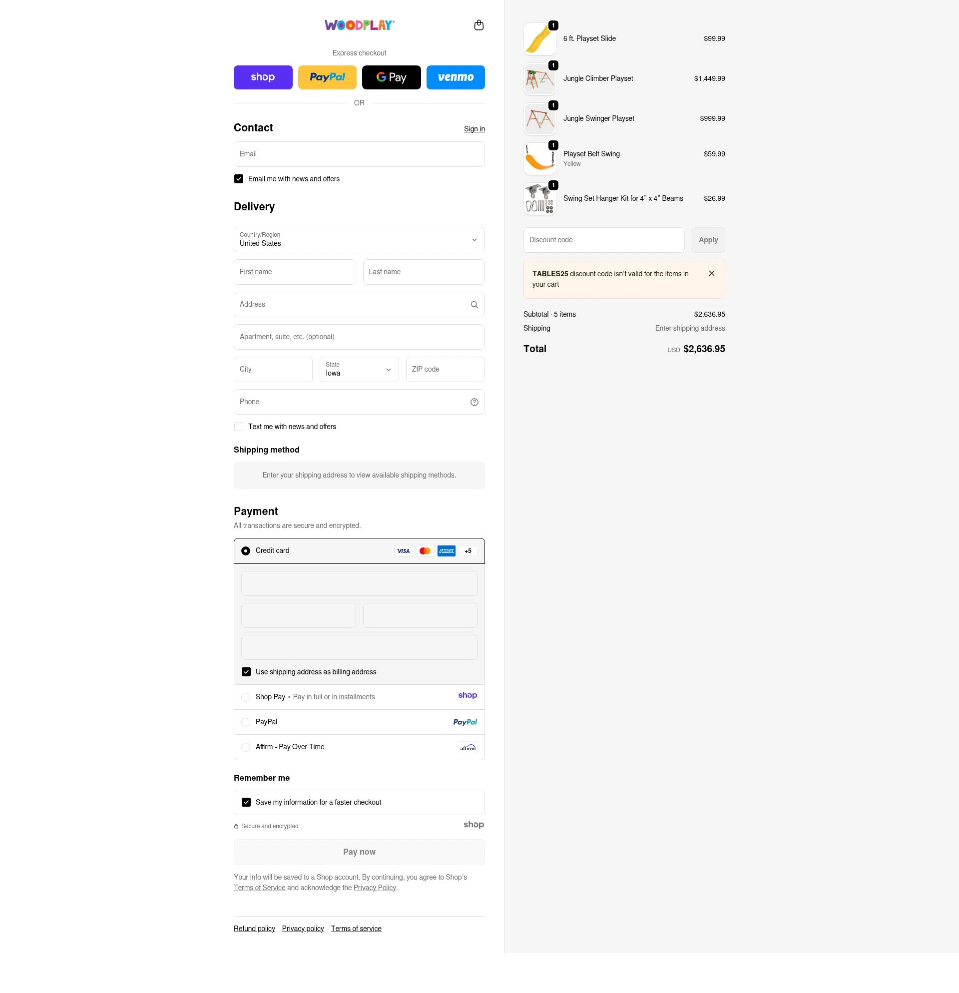 Woodplay Playsets checkout page showing Woodplay Playsets promo code box | Screenshot taken by SimplyCodes community member on Dec 22, 2025