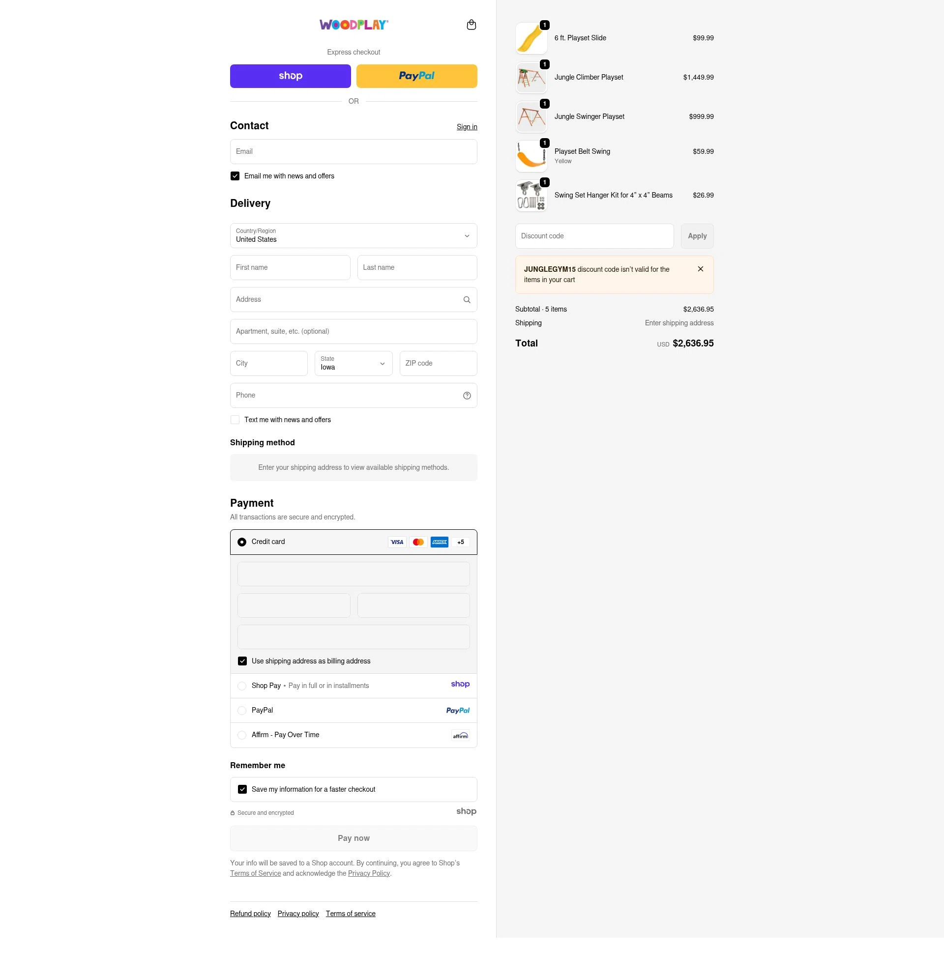 Woodplay Playsets checkout page showing Woodplay Playsets promo code box | Screenshot taken by SimplyCodes community member on Jan 1, 2026