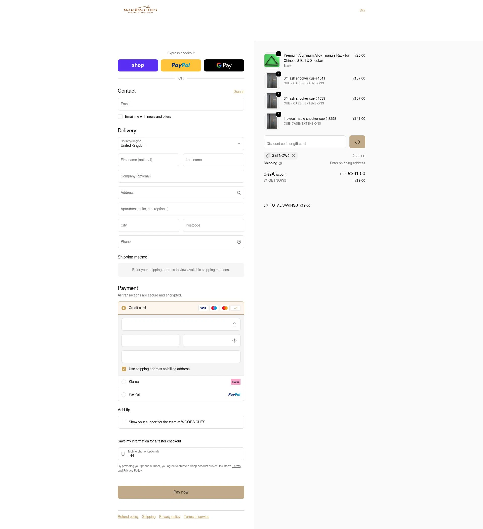 Woods Cues checkout page showing Woods Cues discount code box | Screenshot taken by SimplyCodes community member on Feb 20, 2026