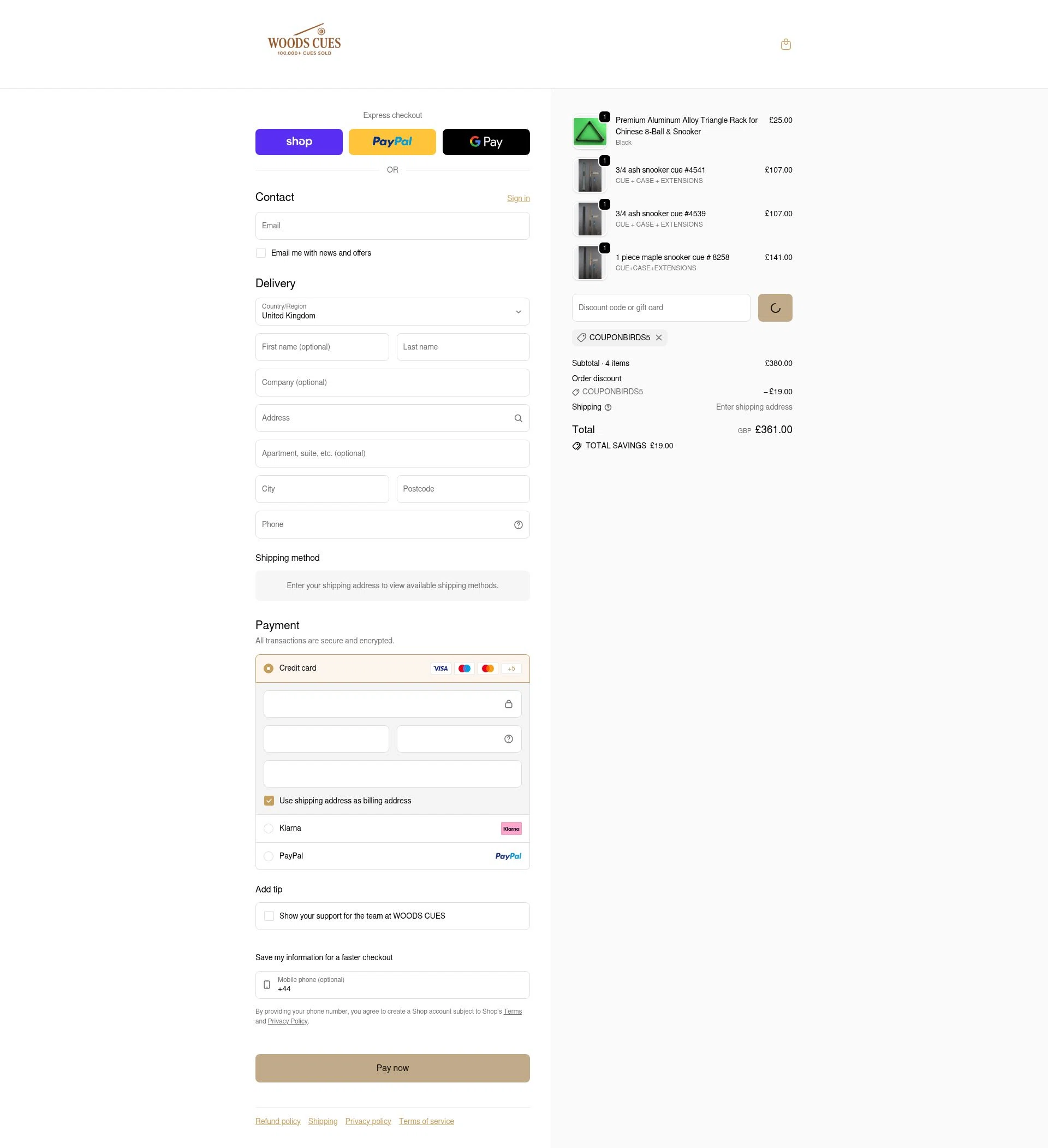 Woods Cues checkout page showing Woods Cues discount code box | Screenshot taken by SimplyCodes community member on Feb 20, 2026